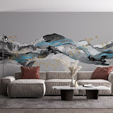 Abstract Blue Mountain Landscape with Golden Birds Wall Mural