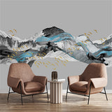 Abstract Blue Mountain Landscape with Golden Birds Wall Mural