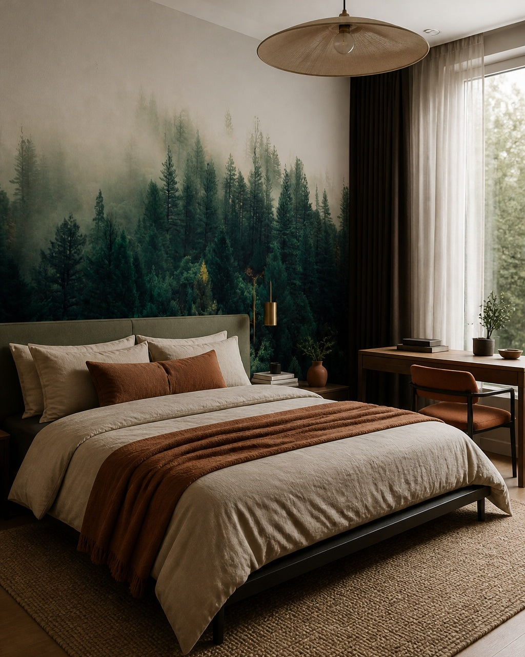 Foggy forest wallpaper in a designer bedroom.