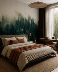 Foggy forest wallpaper in a designer bedroom.