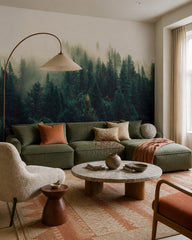 Foggy forest wallpaper in a designer living room.