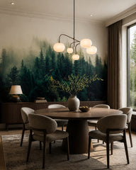 Foggy forest wallpaper in a refined dining area.