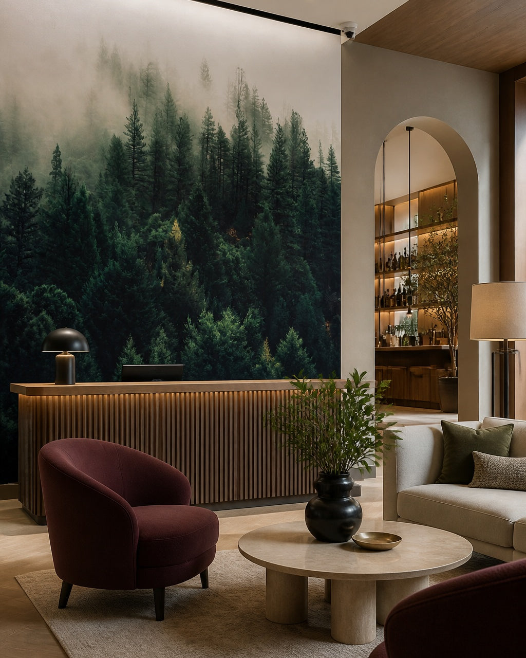 Foggy forest wallpaper in a boutique hotel lobby.