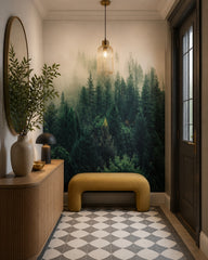 Foggy forest wallpaper in a designer entrance hall.