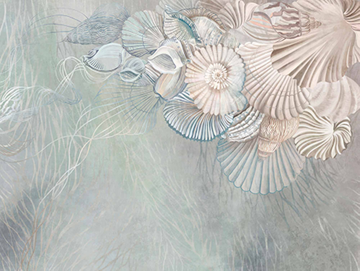 Papier peint coquillages artistiques – Papier peint panoramique coquillages pastel et feuilles sur sauge