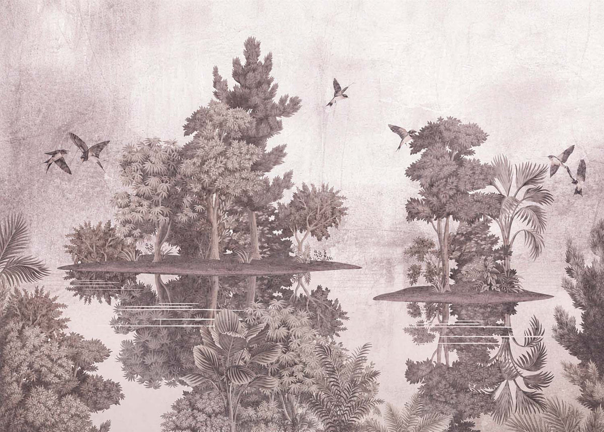Mauve toile bomen behang – gegraveerde weerspiegeling in meer fotobehang
