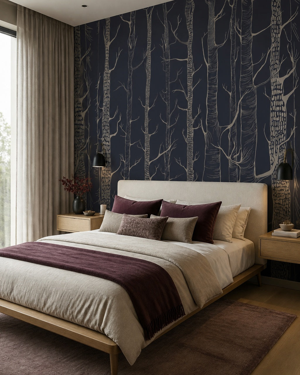Golden trees on navy wallpaper in a designer bedroom.