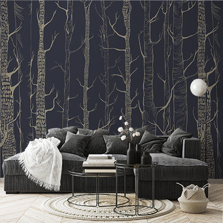 Tall Golden Trees Silhouette on Dark Blue Background Wallpaper Mural