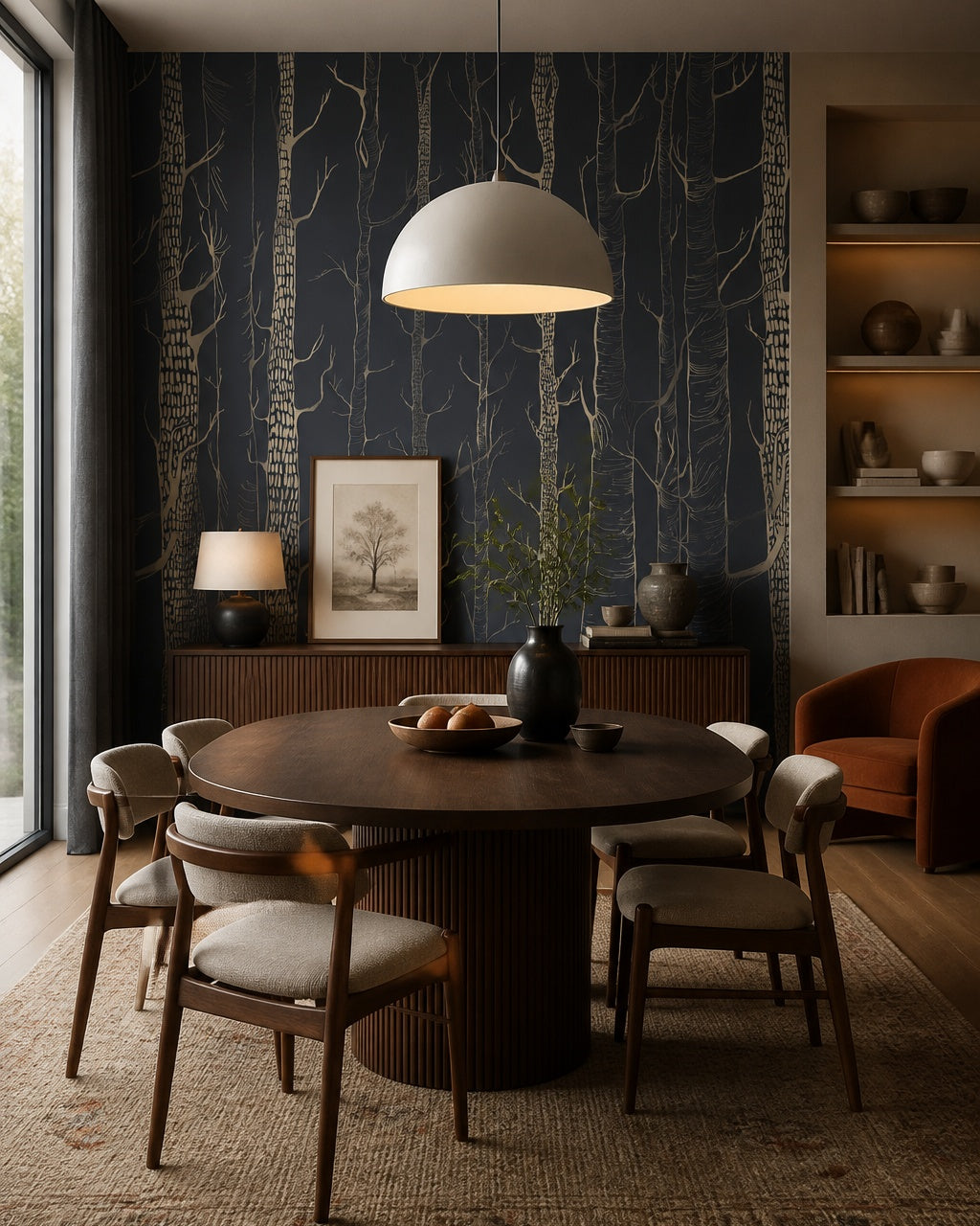 Golden trees on navy wallpaper in a refined dining area.
