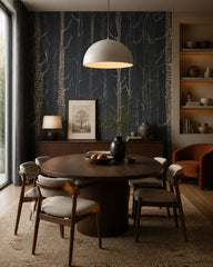 Golden trees on navy wallpaper in a refined dining area.