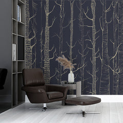 Custom Tall Golden Trees Silhouette on Dark Blue Background Wallpaper Mural