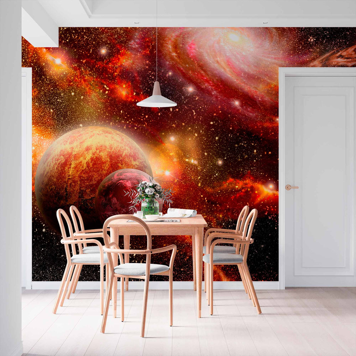 Papier peint galaxie rouge – Papier peint panoramique espace planètes ardentes et nébuleuse