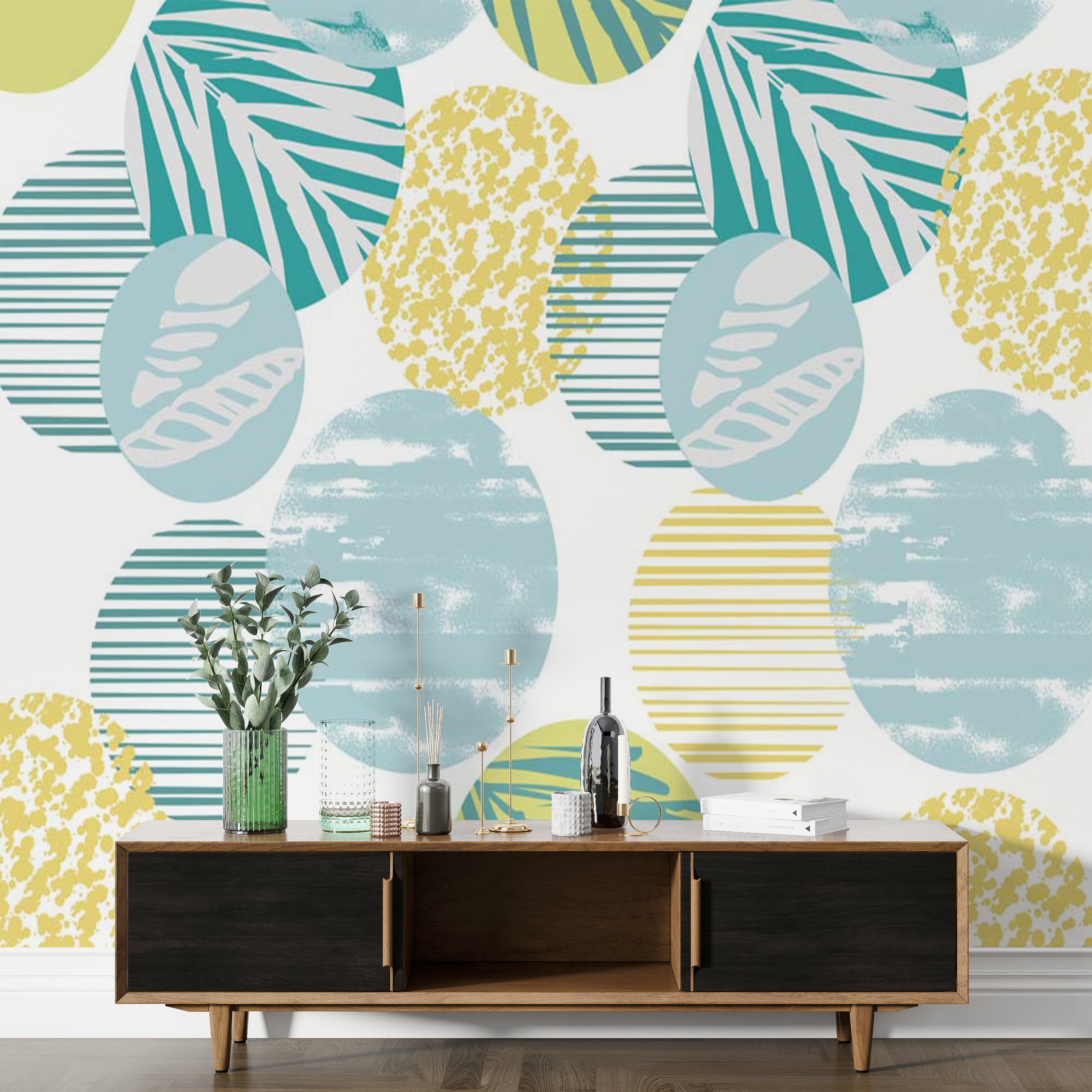 Tropical and Striped Patterns with Pastel Circles Wallpaper