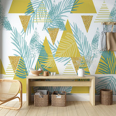 Custom Abstract Tropical Leaf and Geometric Triangle Patterns Wallpaper