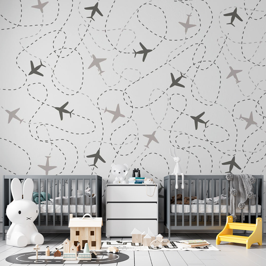 Kids Wall Mural Airplane Silhouette Sky Pattern Wallpaper for Kids