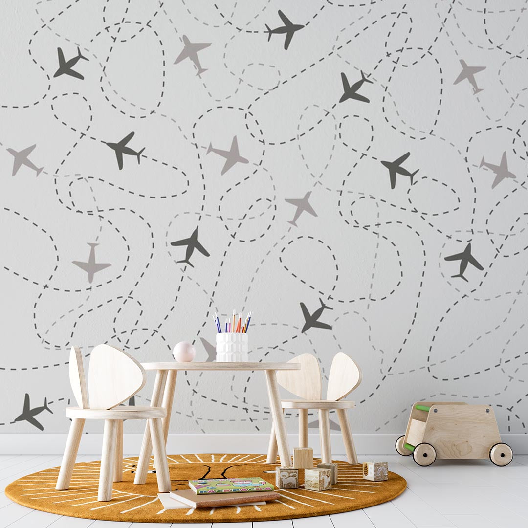 Kids Wall Mural Airplane Silhouette Sky Pattern Wallpaper for Kids