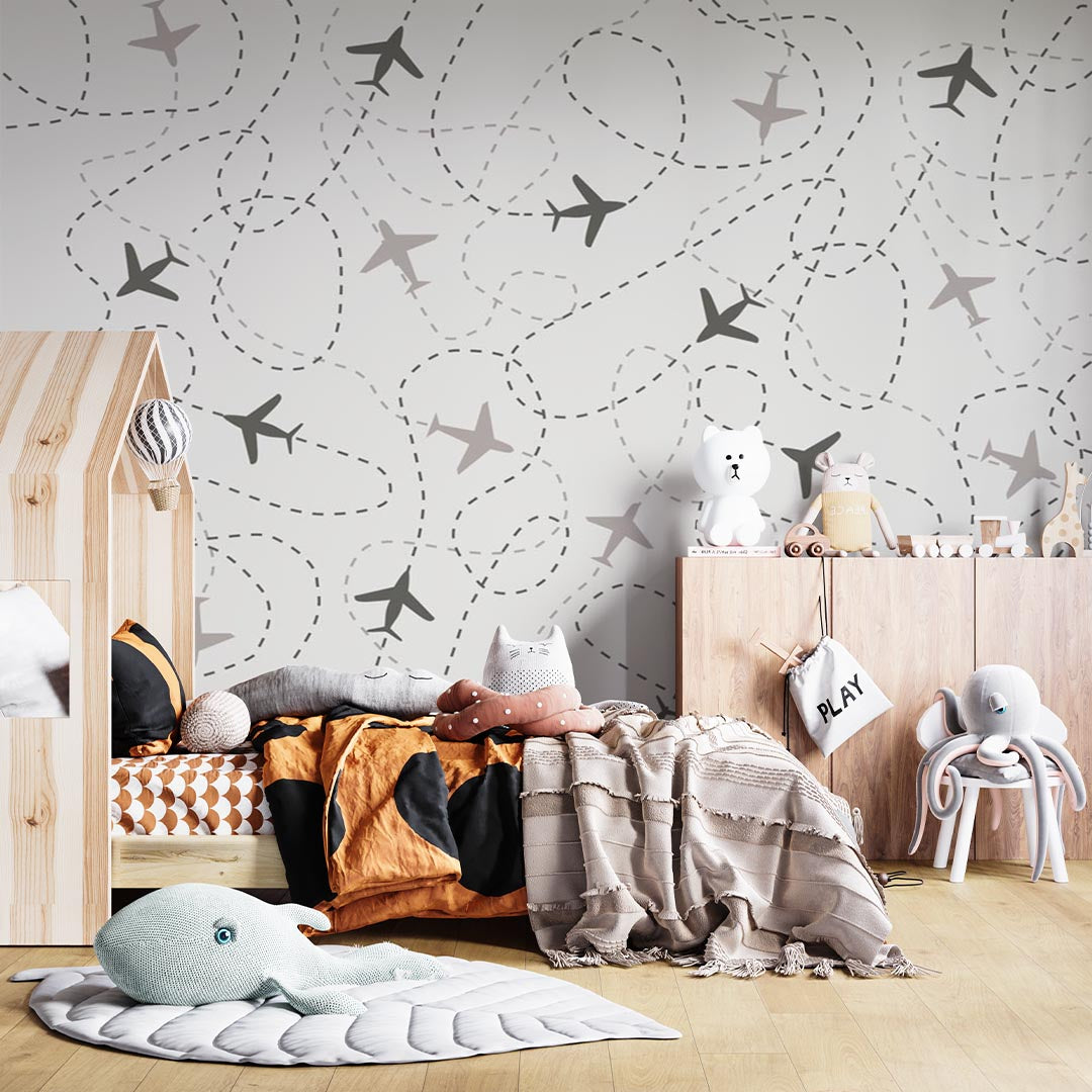 Kids Wall Mural Airplane Silhouette Sky Pattern Wallpaper for Kids