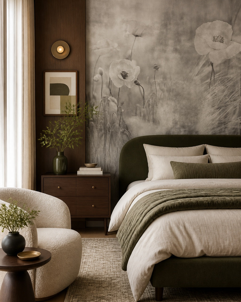 Misty poppies wallpaper in a designer bedroom.