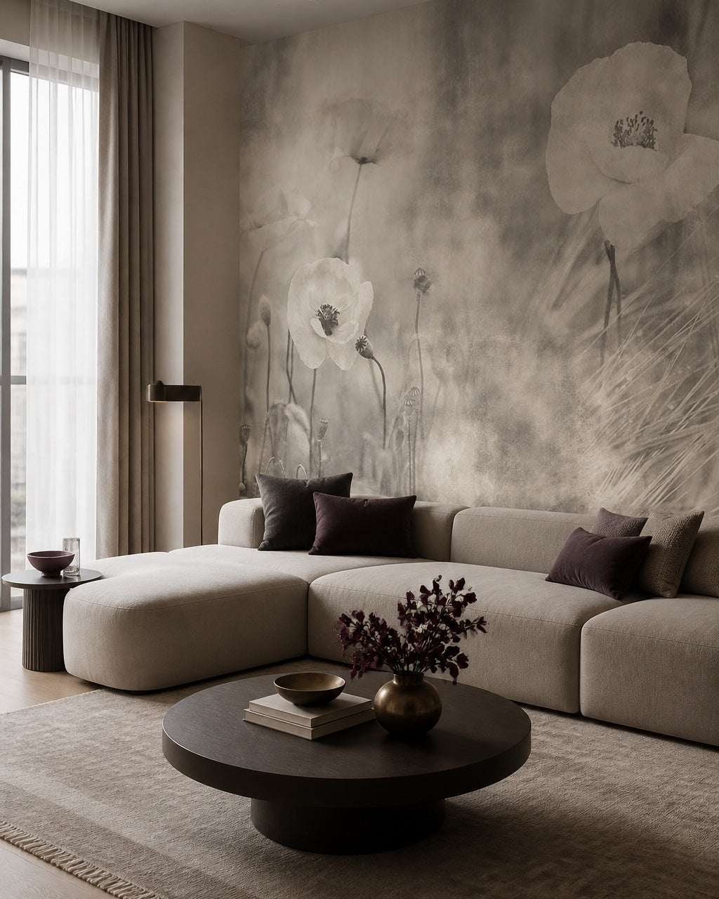 Misty poppies wallpaper in a designer living room.