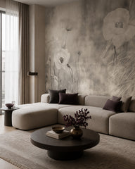Misty poppies wallpaper in a designer living room.