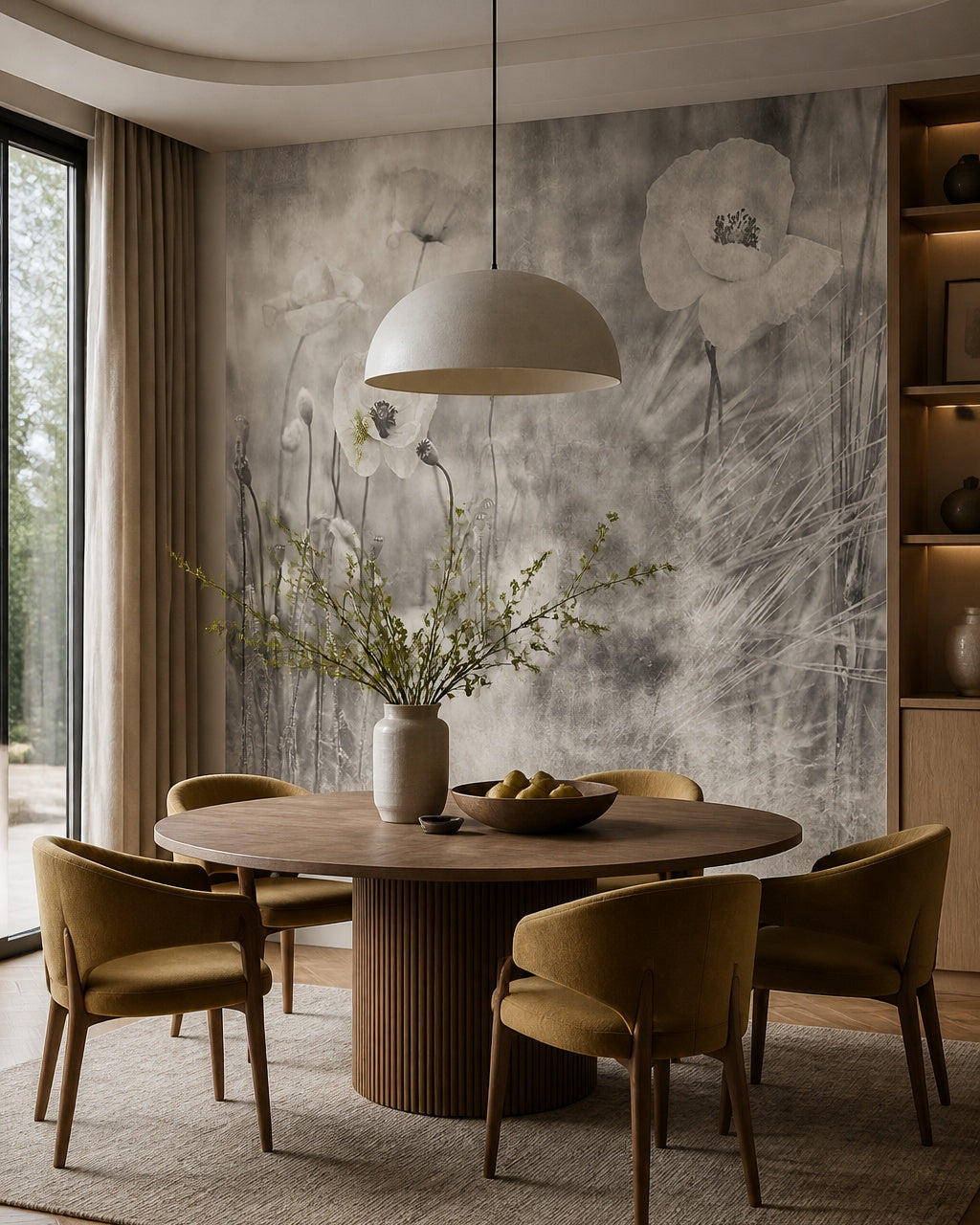 Misty poppies wallpaper in a refined dining area.