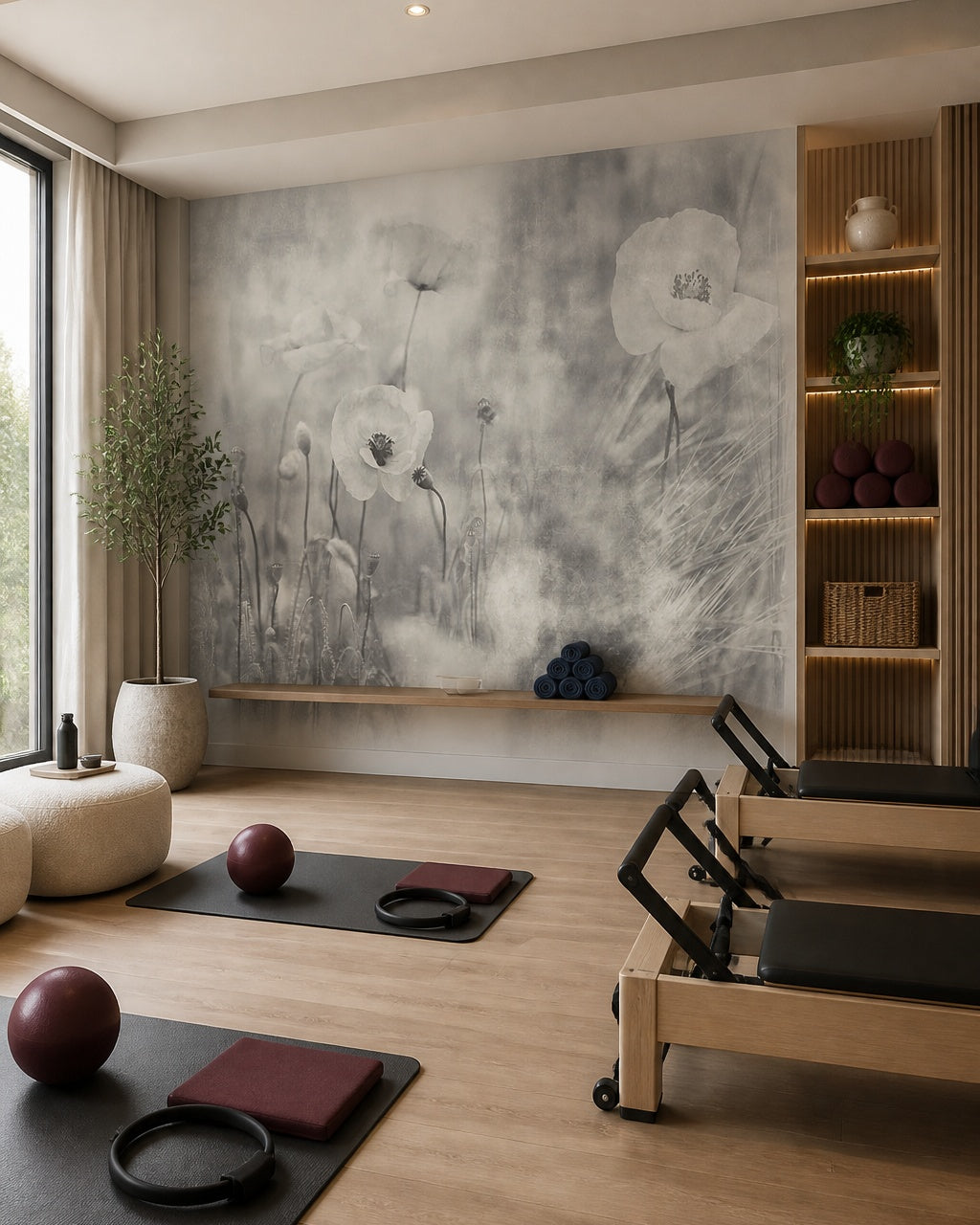 Misty poppies wallpaper in a fitness studio.