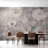 Ethereal Black and White Floral Mural Wallpaper - Dreamy Poppies in Misty Landscape