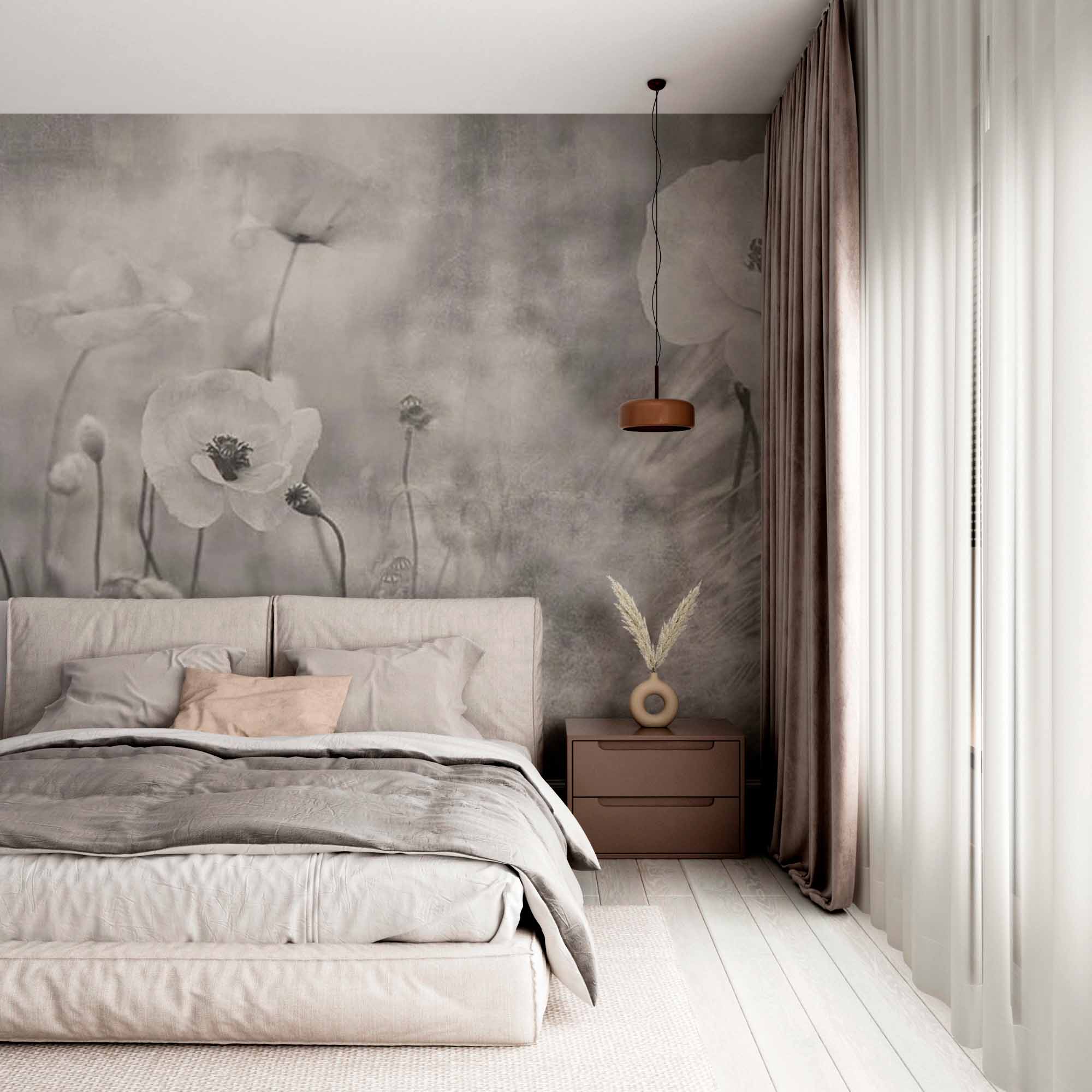 Ethereal Black and White Floral Mural Wallpaper - Dreamy Poppies in Misty Landscape