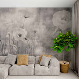 Ethereal Black and White Floral Mural Wallpaper - Dreamy Poppies in Misty Landscape