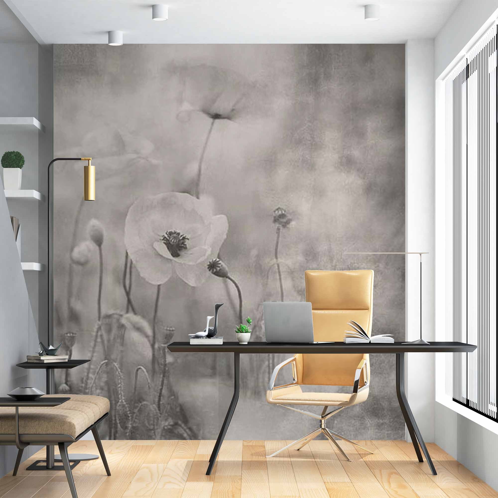 Ethereal Black and White Floral Mural Wallpaper - Dreamy Poppies in Misty Landscape