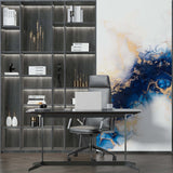 White with Blue Marble Wall Mural Art Gold Splashes Fluid Alcohol Ink Wallpaper