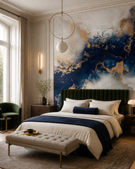 Midnight blue & gold geode abstract wall mural in a designer bedroom.