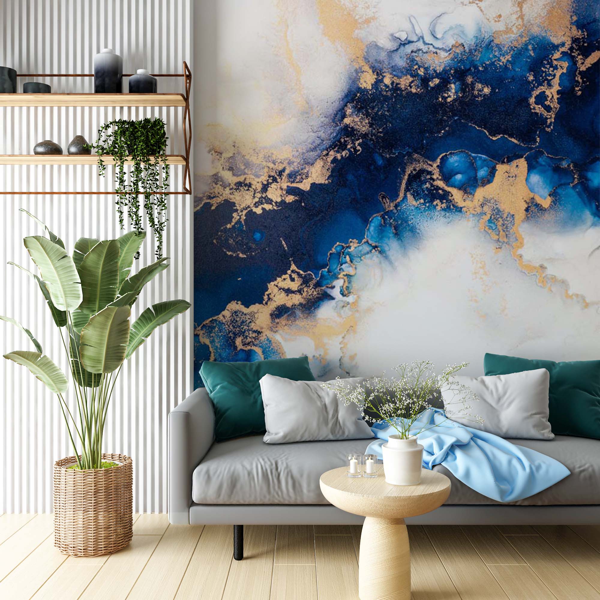 White with Blue Marble Wall Mural Art Gold Splashes Fluid Alcohol Ink Wallpaper