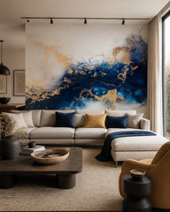 Midnight blue & gold geode abstract wall mural in a designer living room.