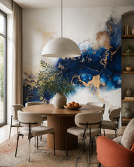 Midnight blue & gold geode abstract wall mural in a refined dining area.
