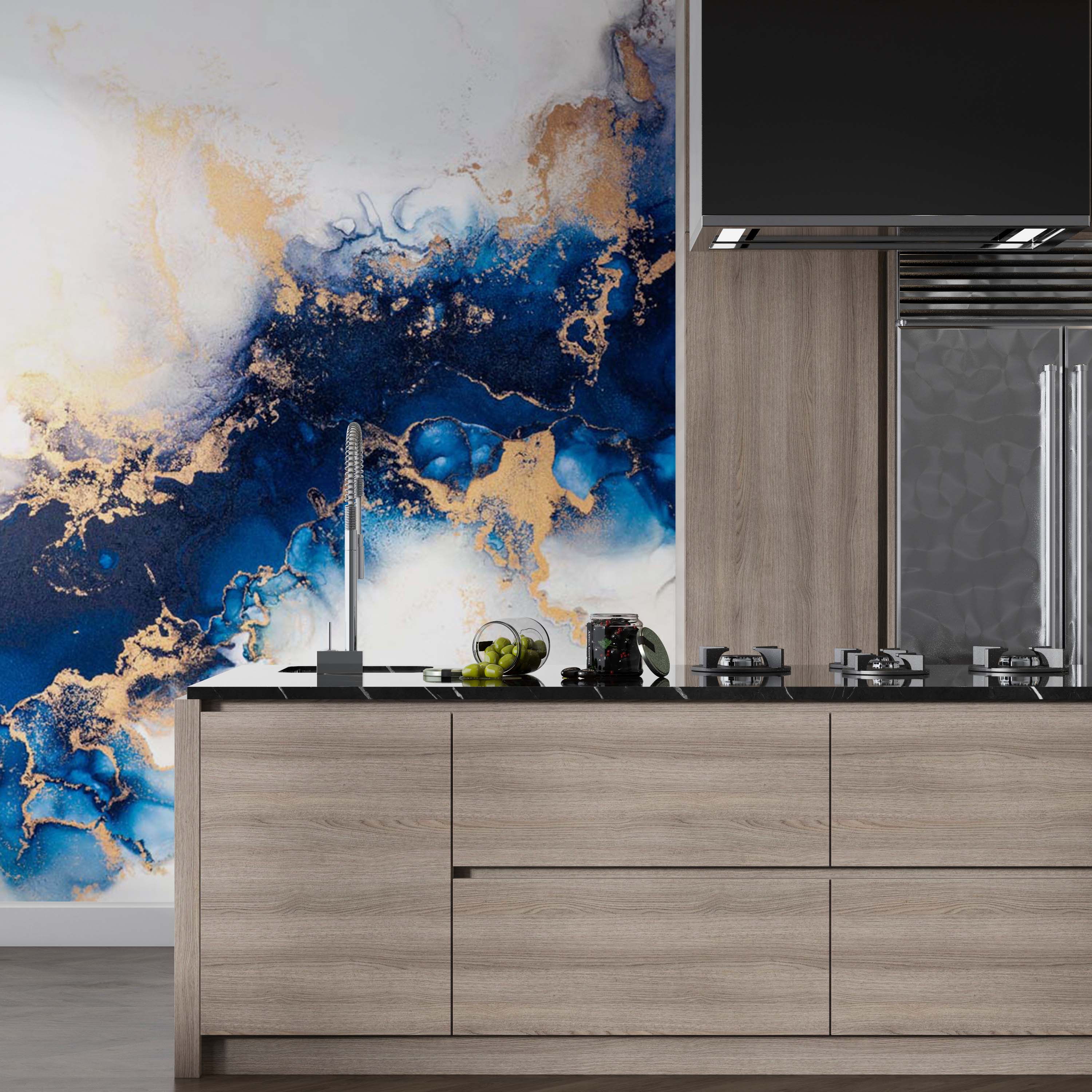 White with Blue Marble Wall Mural Art Gold Splashes Fluid Alcohol Ink Wallpaper