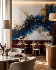 Midnight blue & gold geode abstract wall mural in a restaurant.