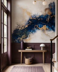 Midnight blue & gold geode abstract wall mural in a refined foyer.