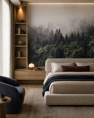 Misty pine forest wallpaper in a designer bedroom.