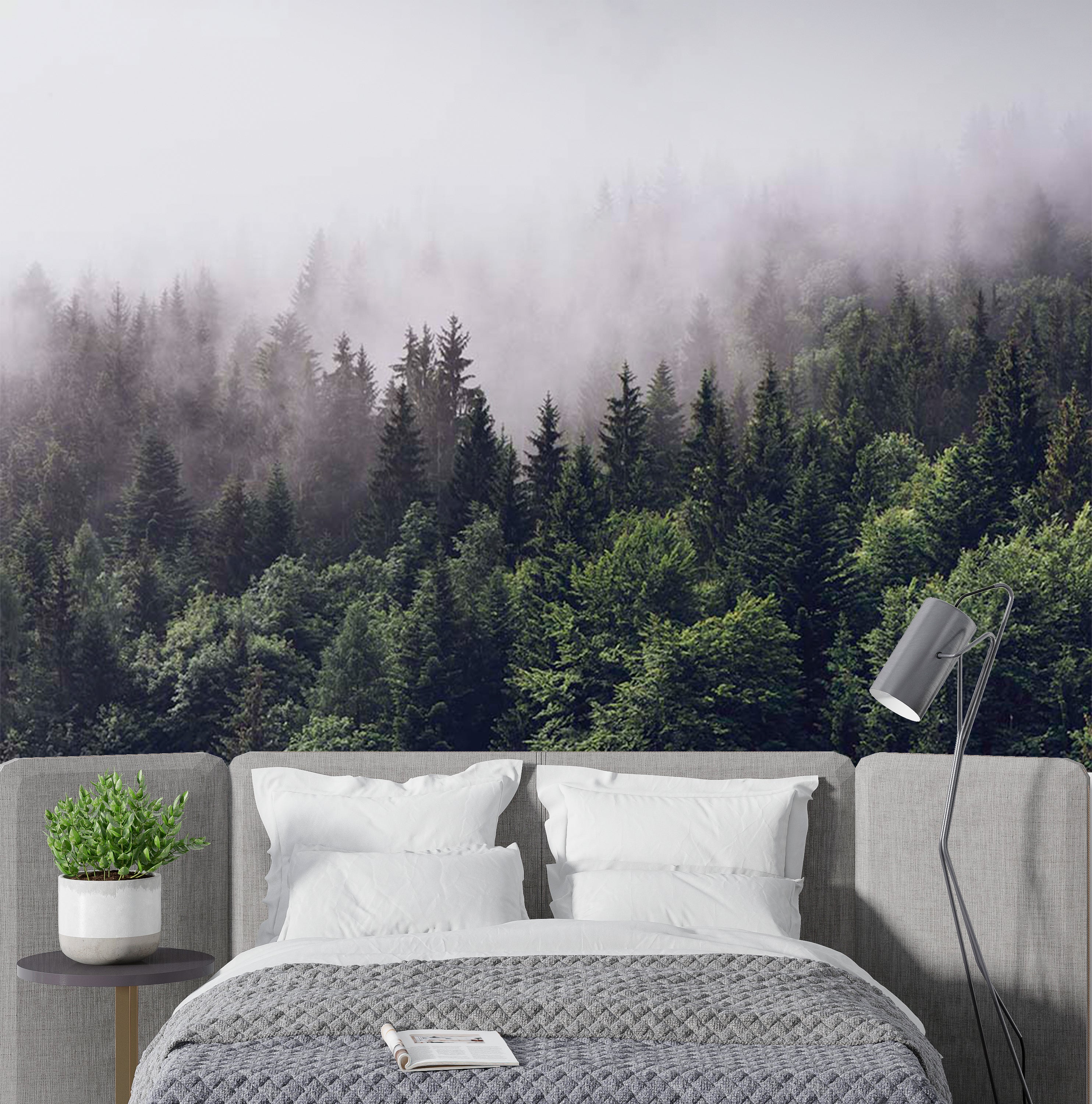 Misty Forest Wall Mural Wallpaper - Enchanting Foggy Pine Trees Landscape