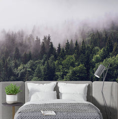 Custom Misty Forest Wall Mural Wallpaper - Enchanting Foggy Pine Trees Landscape