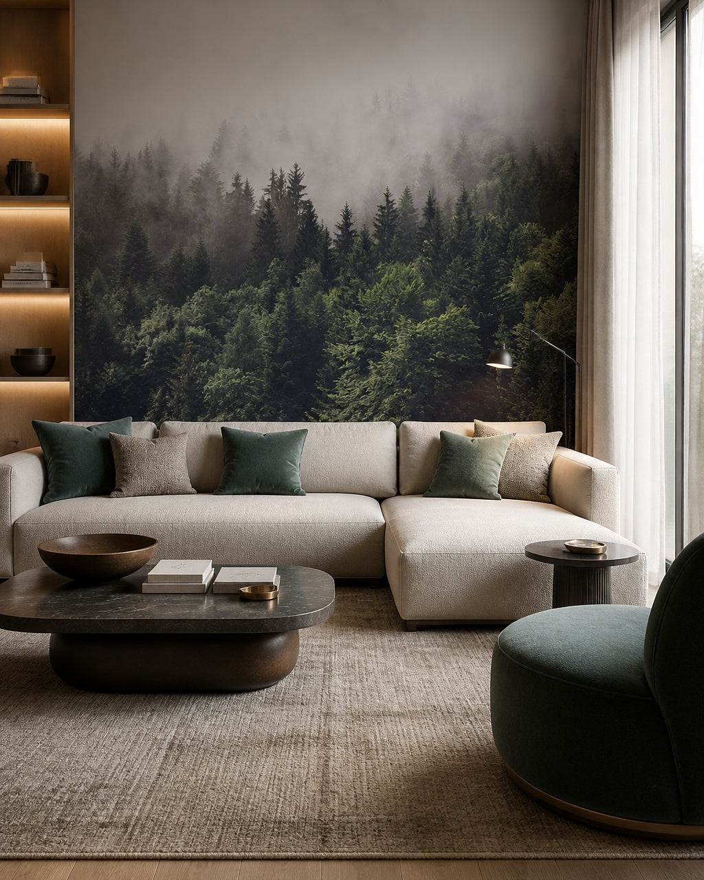 Misty pine forest wallpaper in a designer living room.