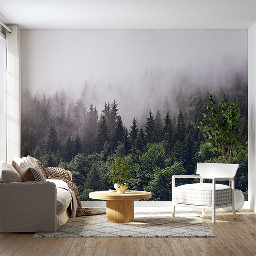 Serene Forest Landscape Wall Mural Concrete Background Wallpaper