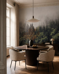 Misty pine forest wallpaper in a refined dining area.