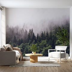 Custom Misty Forest Wall Mural Wallpaper - Enchanting Foggy Pine Trees Landscape