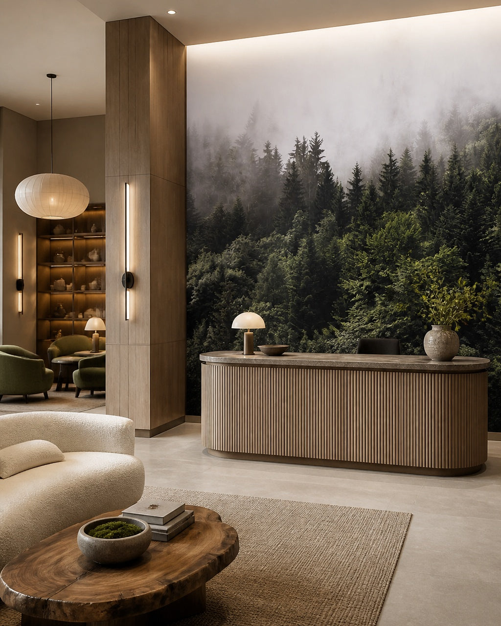 Misty pine forest wallpaper in a boutique hotel lobby.