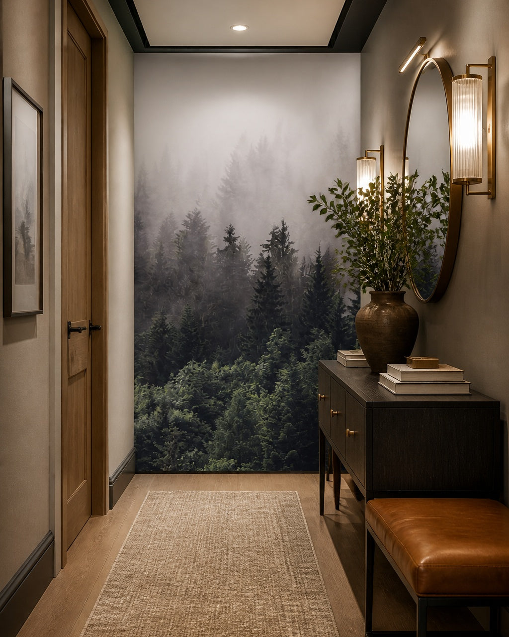 Misty pine forest wallpaper in an architectural hallway.