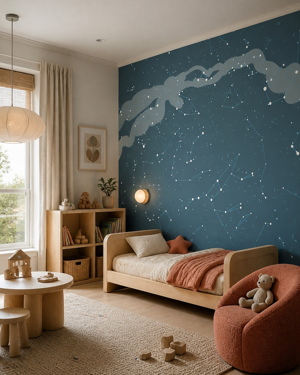 Milky Way wallpaper in a toddler bedroom with a child-sized bed.