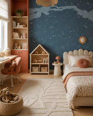Milky Way wallpaper in a girl’s bedroom.