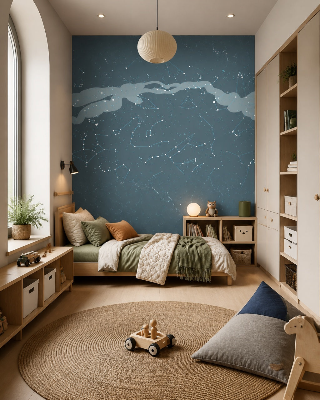 Milky Way wallpaper in a boy’s bedroom.